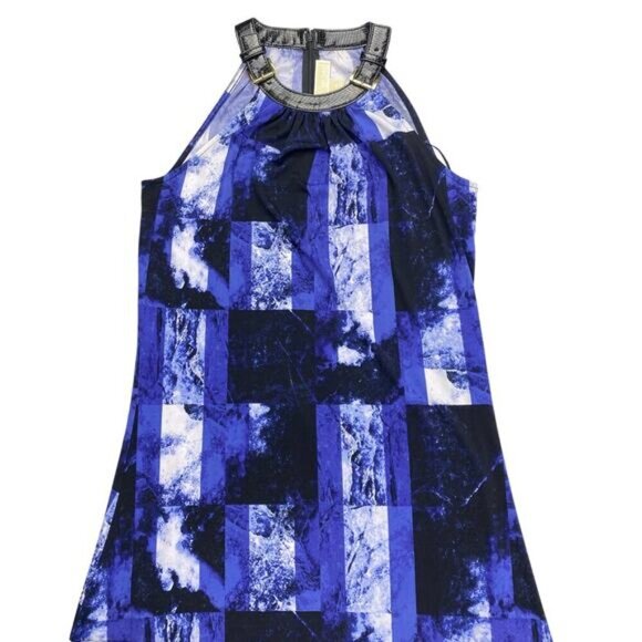 MICHAEL Michael Kors Hi-Low Abstract Maxi Sundress Sz XS Belt Buck Neckline - Picture 2 of 9